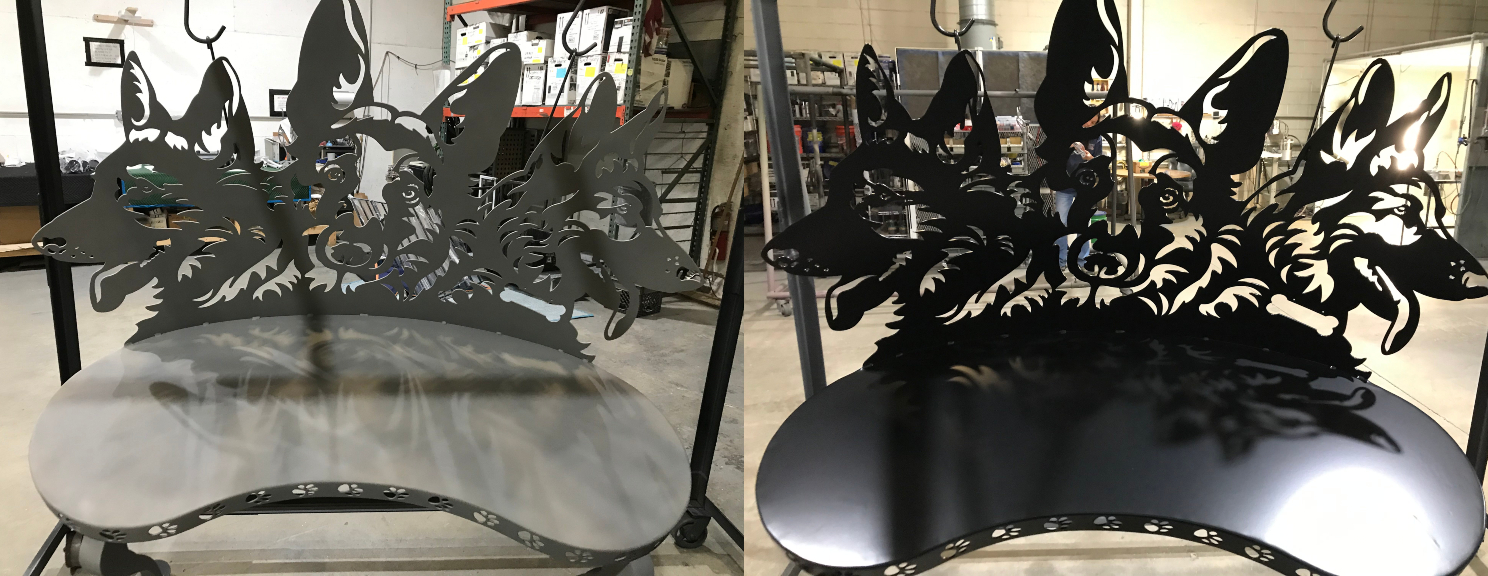 custom dog bench before and after powder coating